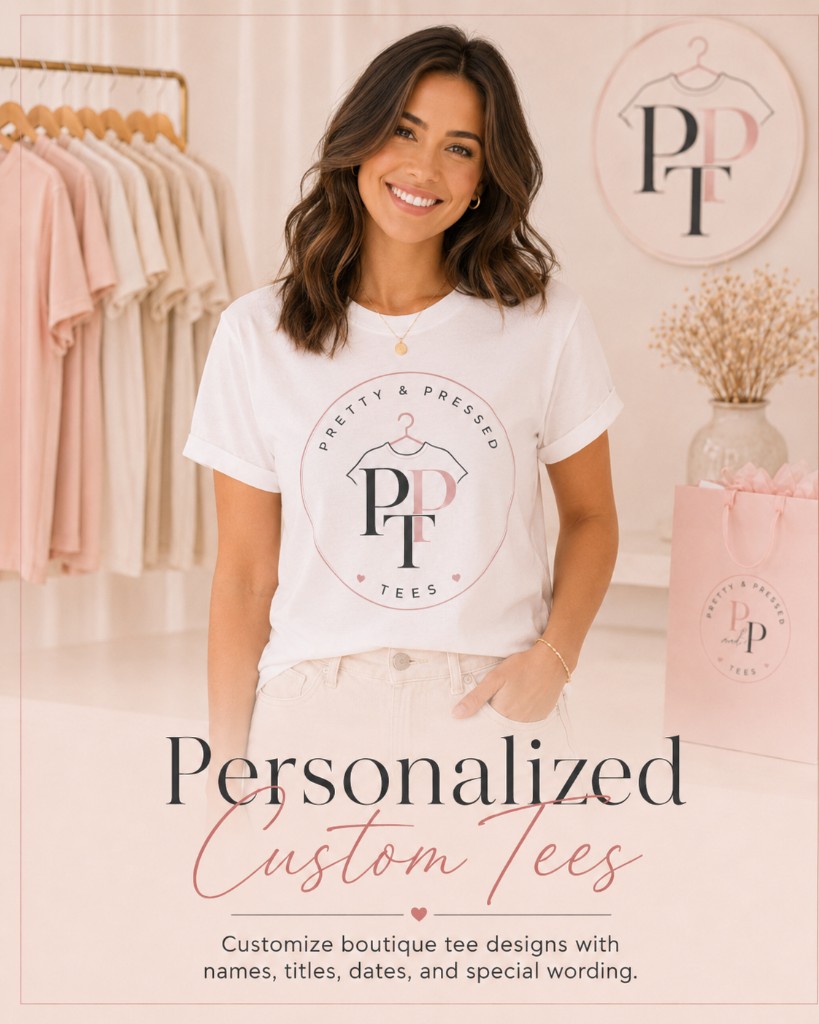 Personalized custom tees — customize boutique tee designs with names, titles, dates, and special wording