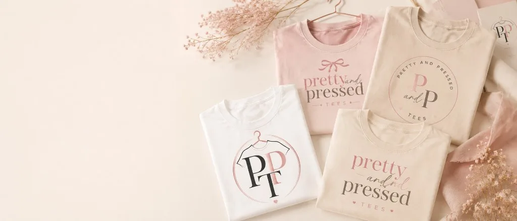 Folded Pretty and Pressed tee shirts with brand logos on a cream backdrop